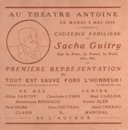 Sacha GUITRY Carton publicitaire illustré pour le Théâtre Antoine, 3 mai 1910; 20...