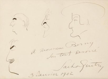 Sacha GUITRY Profils d'acteurs, 1902. Dessin à la plume, avec dédicace autographe...