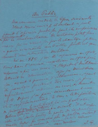 Sacha GUITRY Au Public. Manuscrit autographe signé « S.G. », [début 1916]; 1 page...