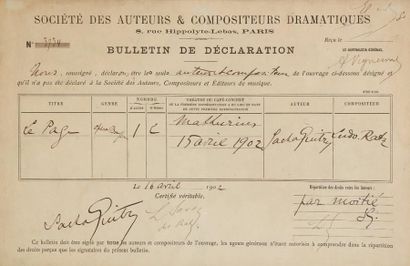 Sacha GUITRY Déclaration autographe signée, 16 avril 1902. 1 page obl. in-fol. en...