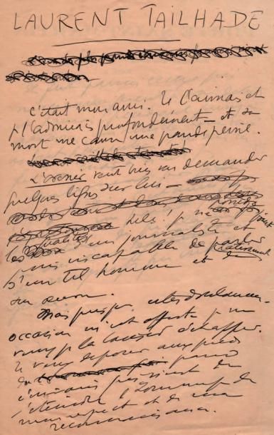 Sacha GUITRY Laurent Tailhade. Manuscrit autographe, [1919]; 2 pages in-8 (brouillon)...