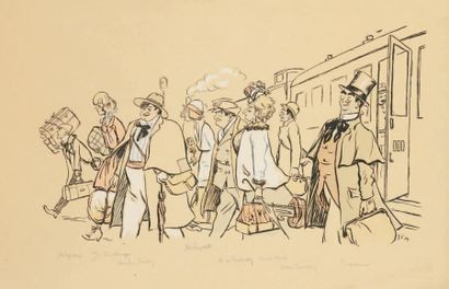 SEM (1863-1934) L'Arrivée à Deauville. Lithographie avec rehauts de gouache, annotée...