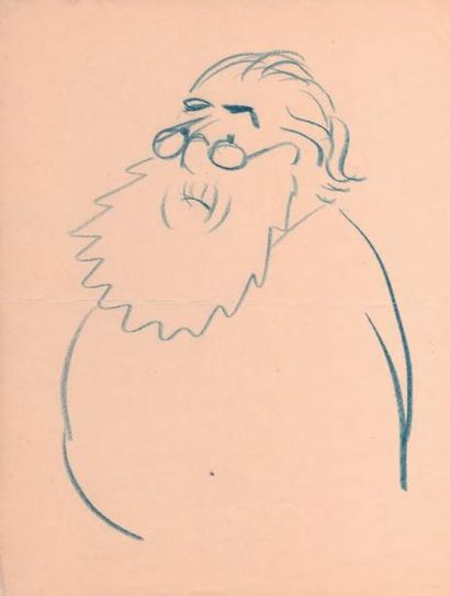 Sacha GUITRY Francis Jammes, [vers 1920 ?]. Dessin original au crayon bleu. 28 x...