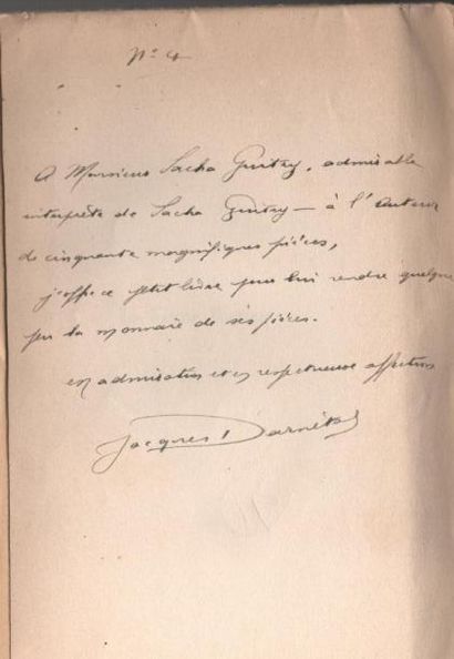 [Sacha GUITRY] 2 Livres à lui dédicacés; brochés. Jacques Darnetal, Le Faune humain,...