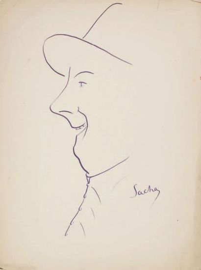 Sacha GUITRY Polin, [vers 1903]. Dessin original à l'encre violette, signé en bas...