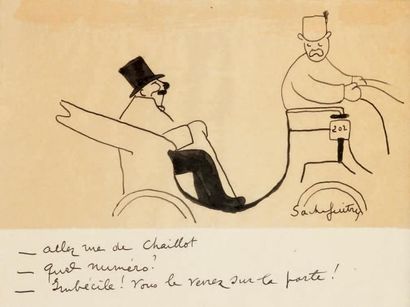 Sacha GUITRY Le Fiacre, [1904]. Dessin original à l'encre de Chine et lavis sur calque,...