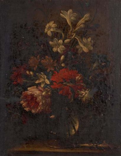 Attribué à Nicola GIULI (1720 - 1784) Bouquet de fleurs dans un vase sur une table...