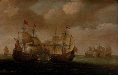 Attribué à Aert van ANTUM (1579/80 - 1620) Combat naval. Panneau de chêne, deux planches,...