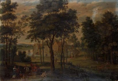 Isaak van OOSTEN (Anvers 1613 - 1661) Promenade en forêt Cuivre. 30 x 43 cm Signé...