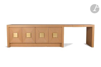 null MODERN WORK 

Light oak veneer sideboard forming a dressing table. 
The front...