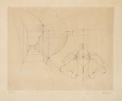 Hans BELLMER (1902-1975) Bicyclette - Corps mécanique - Composition perspective Eaux-fortes....