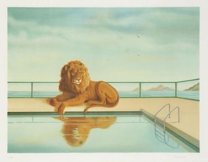 Françoise HOUSSIN (né en 1948) Lion au bord de la piscine Huile sur toile. Signée...