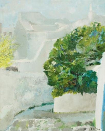Guy BARDONE (né en 1927) Les murs Mykonos Huile sur toile. Signée en bas à droite...