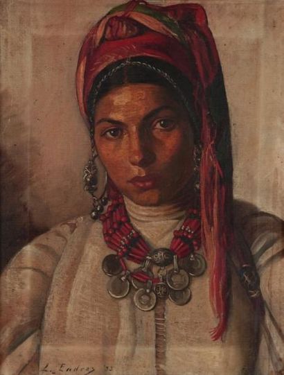 Carlos ABASCAL Portrait de jeune africaine au turban rose et vert, 1923 Pastel. Signé,...