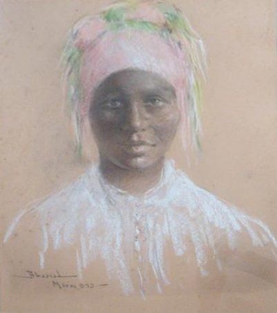Carlos ABASCAL Portrait de jeune africaine au turban rose et vert, 1923 Pastel. Signé,...