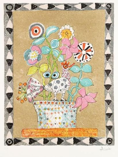 Paul AIZPIRI (né en 1919) Vase de fleurs et gallinacée. Lithographie. Signée en bas...