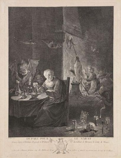 Jacques ALIAMET (1726-1788) Départ pour le Sabat. Gravure d'après Teniers. Courte...
