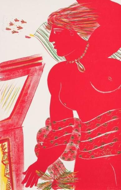 Alexandre FASSIANOS [grec] (né en 1935) Femme allongée en rouge. Lithographie. Signée...