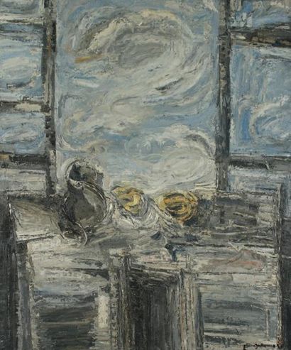 CLAUDE JOUHANNEAU (1931-2011) Buffet gris, 1980 Technique mixte sur toile Signée...