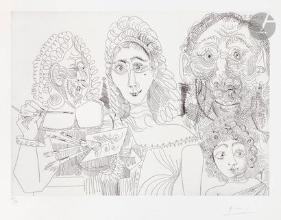 null Pablo Picasso (1881-1973) 

Peintre avec couple et enfant. (Les 347, pl. 46)....