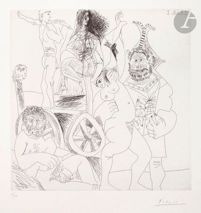 null Pablo Picasso (1881-1973) 

Halte de comédiens ambulants, avec hibou et bouffon...