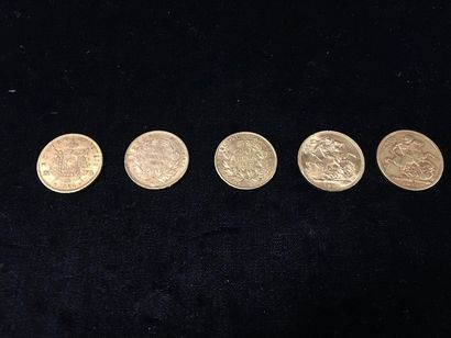 null 5 pièces en or 20 Francs et 2 Souverains : 
- 2 pièces de 20 Francs en or. Type...