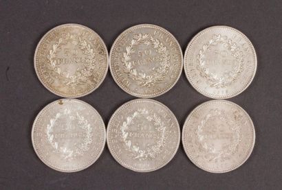 null Lot de 6 pièces de 50 Francs en argent.Type Hercule. 1975, 1977(2), 1978, 1979...