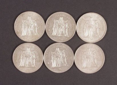 null Lot de 6 pièces de 50 Francs en argent.Type Hercule. 1975, 1977(2), 1978, 1979...