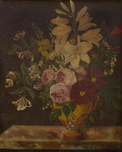 null École FRANÇAISE, 1823Vase of
flowers on an
entablatureOn

its

original

canvas...