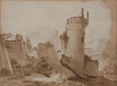 null Attribué à Thomas Charles NAUDET (1778 - 1810)
Paysage avec un château en ruine
Plume,...