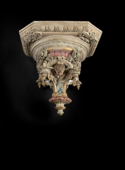 null Painted terracotta wall console, silver and gold, in lamp head, with neo-Renaissance...