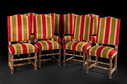 null Suite of two armchairs and eight chairs in turned walnut, the base with spacers....