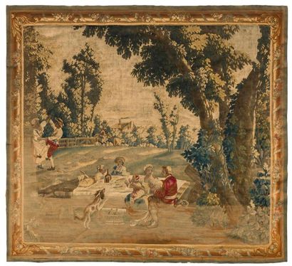 null Aubusson Tapestry representing a country festival; (reduced in size, important...