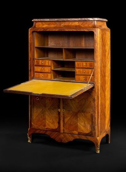 null Secretary with rosewood and violet wood flap opening with two leaves, a drawer...