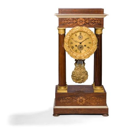 null Clock in light wood marquetry on a rosewood background, with three dials, four...