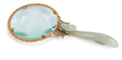 null Gilded brass desk magnifier with shou and bat sign decoration, the handle forming...