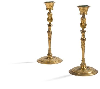 null Pair of gilt bronze torches decorated in arabesque taste with antique female...
