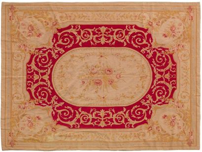 null Rectangular carpet with an oval medallion decorated with flowers in a frame...