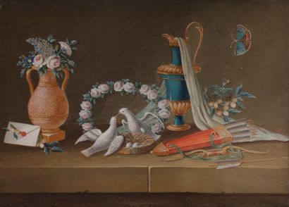 null École FRANÇAISE du début du XIXe siècle
Nature morte aux colombes
Gouache.
...