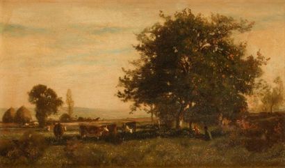 null Eugène LAVIEILLE (Paris, 1820 - 1889)
Vaches au repos sous les arbres
Panneau.
Étiquette...