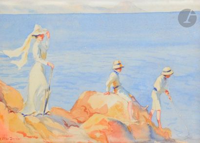 null Mattéo BRONDY (vers 1866-1954)
Élégante et jeunes garçons à Sanary, 1910
Aquarelle.
Signée...