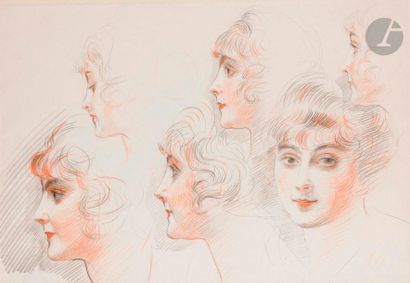 null Paul César HELLEU (1859-1927
)Portrait study sheet of the same woman in profile...