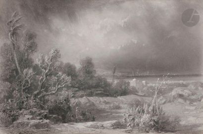 null Vincent COURDOUAN
(Toulon 1810 - 1893)
Paysage méditerranéen, 1855
Mine de plomb,...