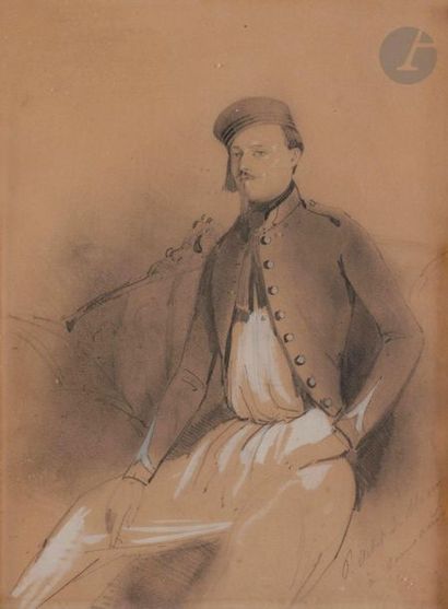 null ÉCOLE FRANÇAISE du XIXe siècle
Portrait d’homme assis portant un chapeau
Crayon...