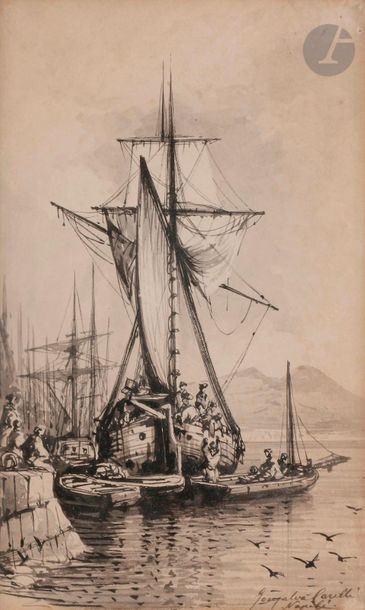 null Conzalvo CARELLI (Naples 1818 - 1900
)Three Marines, Bay of NaplesPen
, black...