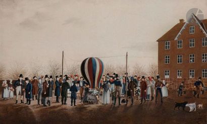 null ÉCOLE DU NORD du XIXe siècle
Le Départ animé de la montgolfière devant un bâtiment
Aquarelle...