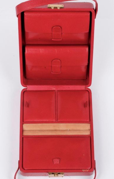 null Travel jewellery case in red leather with beige suede lined interior (wear and...