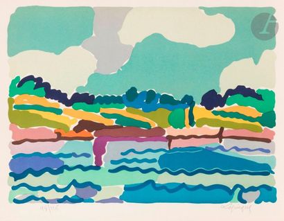 null Charles LAPICQUE (1898-1988
)River
in Brittany, 1961Zincography in colors. 
Proof...