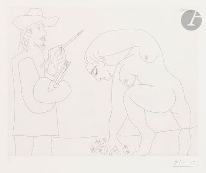 null Pablo PICASSO (1881-1973
)Painter and woman picking flowers (Les 156
, pl. 56),...