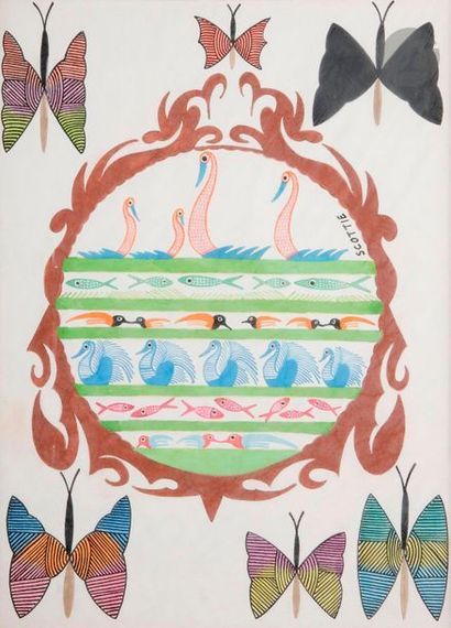 null Scottie WILSON (1905-1972)
Papillons, oiseaux et poissons
Gouache et encre noire.
Signée...